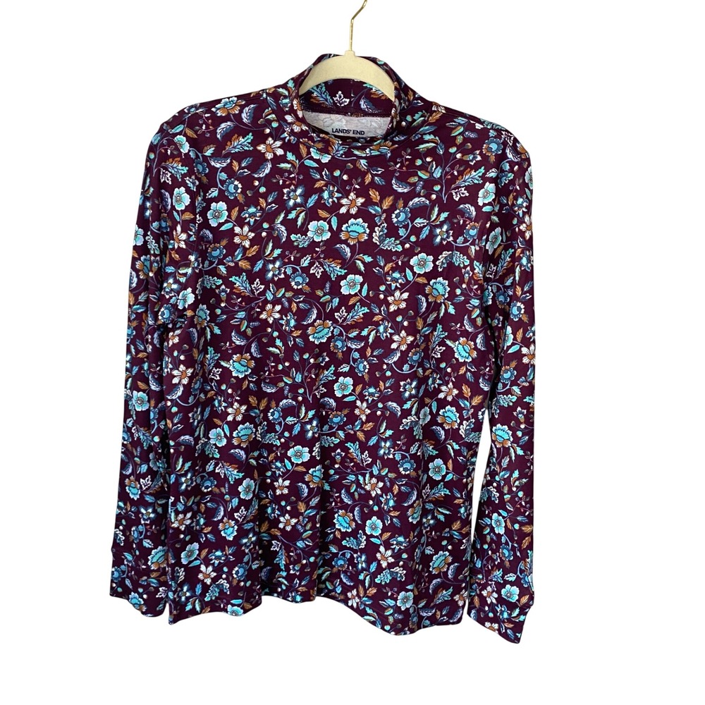 Lands End Womens Burgundy Floral Paisley Mock Neck Long Sleeve Top Size M 10-12